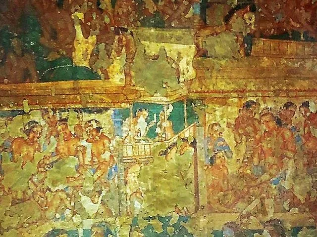 Peinture murale ancienne représentant une scène animée avec de nombreux personnages aux grottes d'Ajanta.
